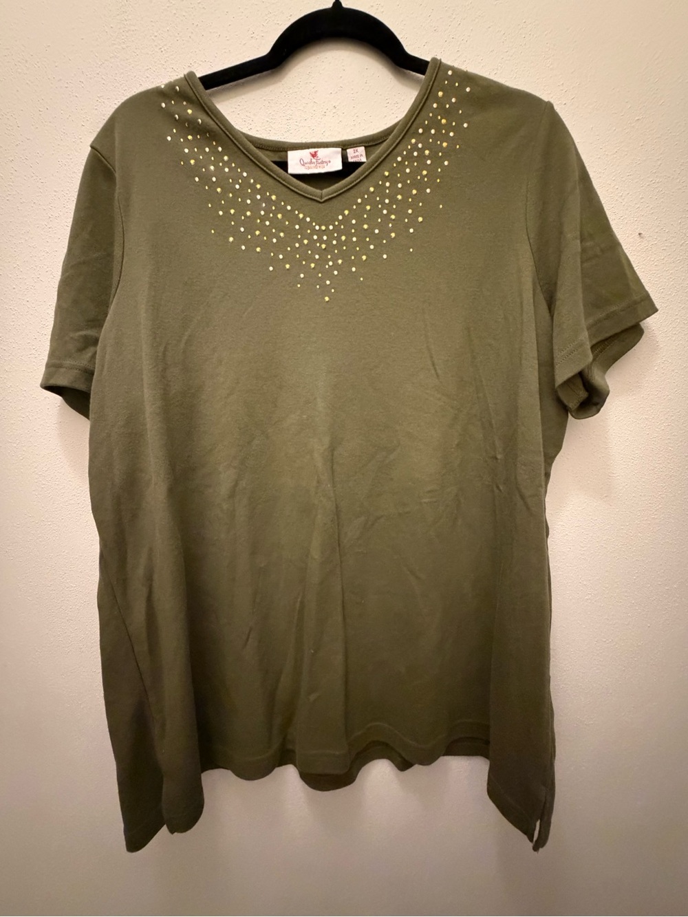 V-Neck Olive Green Tunic with Gold Stud Detail